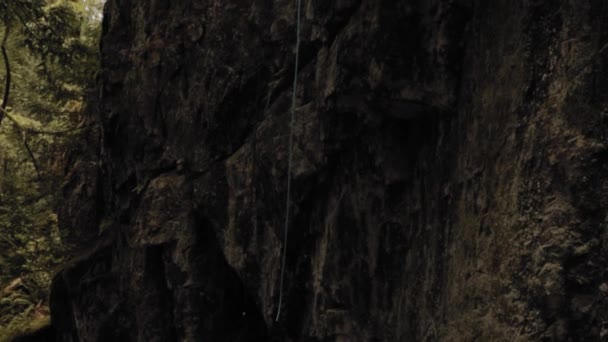 カナダ ブリティッシュコロンビア州のバンクーバー島のコモックス湖を囲む森の真ん中の崖の端にぶら下がっているロッククライミングロープ — ストック動画
