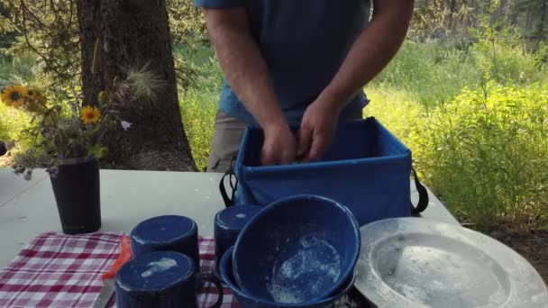 Caucasian Male Washing Dishes Campgrounds Tedious Chore — Stock Video