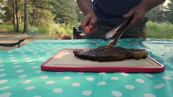 캅카스 Cutting Grilled Beef Steak Campsite — 비디오