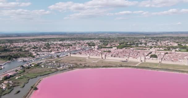 在法国 靠近钟楼的凸起物和墙体的粉红色盐滩 空中业务 — 图库视频影像