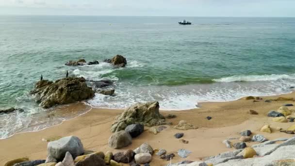 Visboot Middellandse Zee Strand Zonder Mensen Bij Zonsopgang Turquoise Blauw — Stockvideo