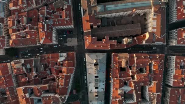 Top Drone Schot Rode Daken European City Bij Zonsondergang Lyon — Stockvideo