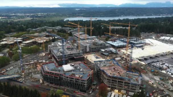 Cinematic Aerial Bird Eye Drone Footage Construction New Campus Microsoft — Stock Video