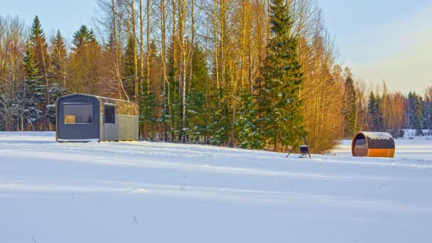 Day Timelapse Thermowood Cabin House Sauna Wild Winter Woodland Country — Stock Video