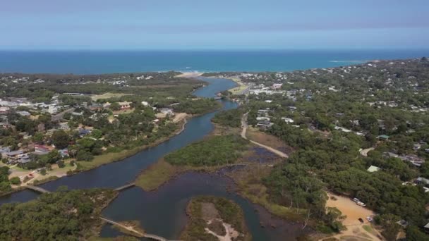 Vuelo Aéreo Lento Largo Del Río Anglesea Natural Playa Del — Vídeo de stock