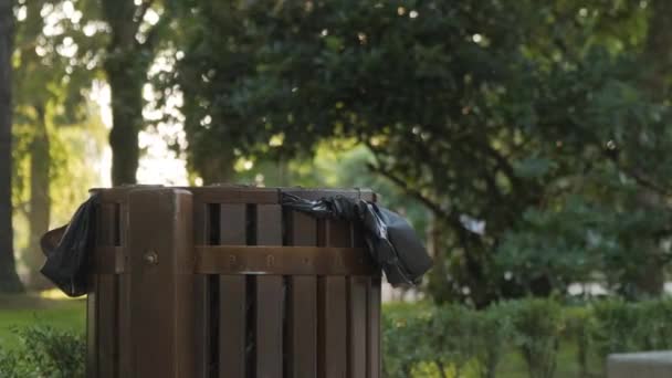 Ansvarig Kaukasiska Flicka Kastar Skräp Papperskorg Parken — Stockvideo