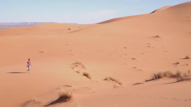 Lone Man Walking Sand Dune Desert Bright Windy Day Ancho — Vídeos de Stock