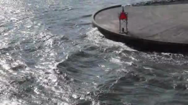 Splashing Waves Breakwater Sunny Summertime Aerial Orbit — Stock Video