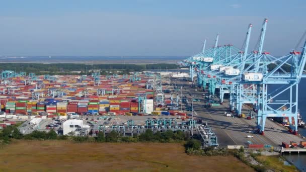 Flygfoto Drönare Hamnverksamhet För Ett Containerfartyg Som Lossas Detta Klipp — Stockvideo