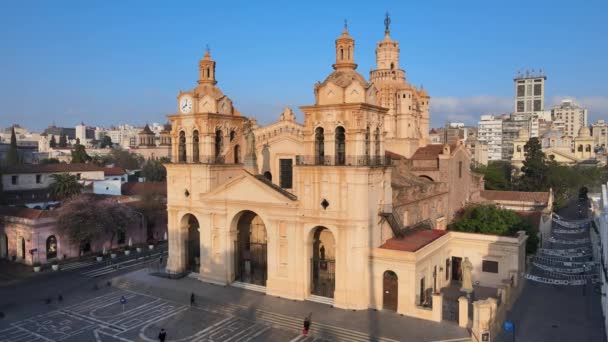 Beautiful architecture of historic Cathedral of Cordoba, Argentina, aerial pan