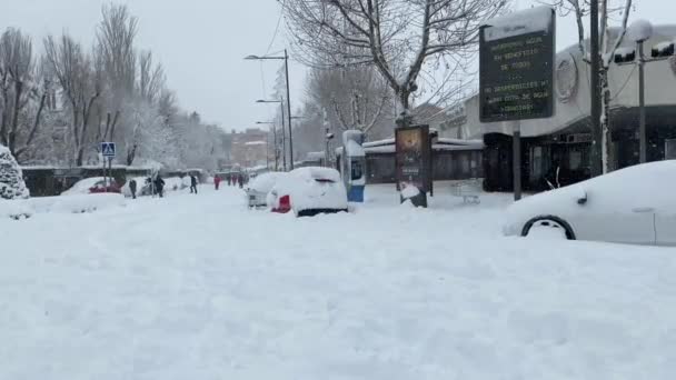 Pan Wielka Burza Śnieżna Pokrywa Ulicę Ludzie Chodzą Ulicy Znak — Wideo stockowe