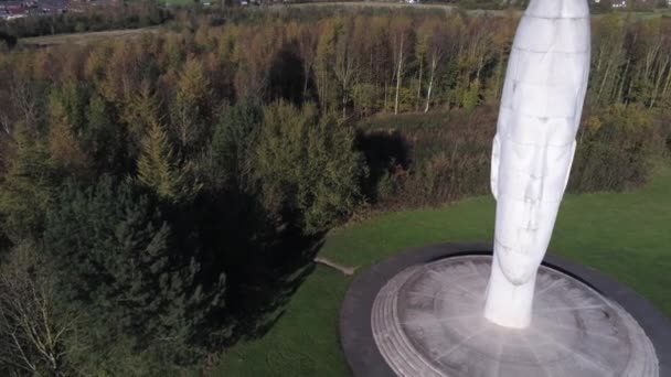 Скульптура Сон Смелый Лесной Ориентир Лицо Обелиск Статуя Воздушный Вид — стоковое видео