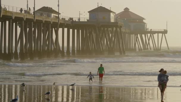 Familie Neben Dem Huntington Beach Pier Bei Sonnenuntergang Verlangsamung Auf — Stockvideo