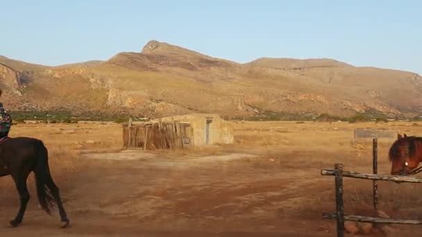 Människor Ridning Hästar Sicilianska Landsbygden Med Berg Bakgrunden Slow Motion — Stockvideo