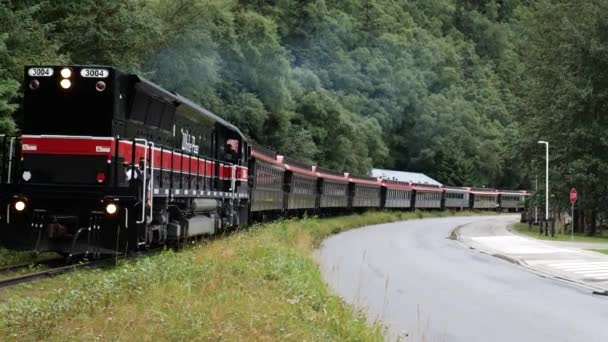 White Pass Yukon Route Rautatien Moottori Junavaunut Lähtevät Asemalta Historiallisessa — kuvapankkivideo