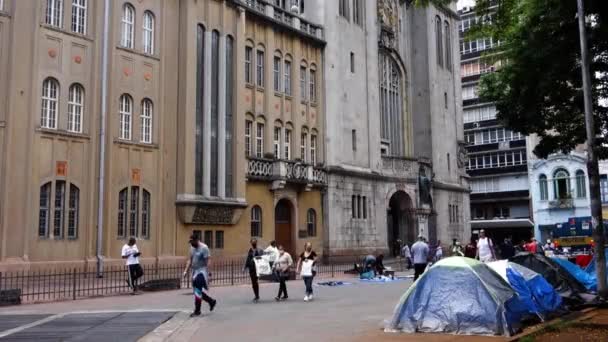 Sao Bento Klooster Gebouw Gevel Sao Paulo Centrum Dakloze Tenten — Stockvideo