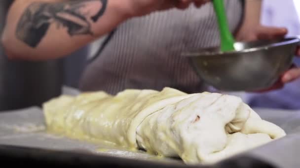 Covering Cake Apple Pie Dough Whipped Egg Yolk Baking Extreme — Stock Video