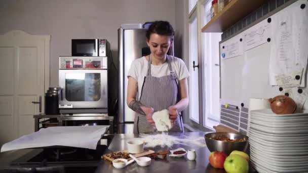 Girl Kneading Making Dough Apple Pie Front Dolly Shot — Stock Video