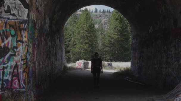 Chica Caminando Túnel Histórico Cerca Greenwood — Vídeos de Stock