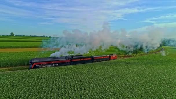 Aerial Landscape Farmlands Antique Steam Engine Passes Thru Corn Fields — Stock Video