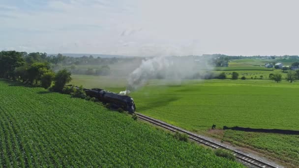 Aerial Landscape Farmlands Antique Steam Engine Passes Thru Corn Fields — Stock Video
