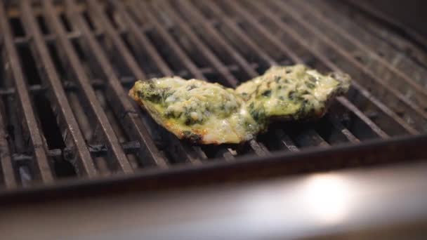 烤牡蛎洛克菲勒 奶酪和黄油酱汁融化和泡沫在烤火上 慢动作关闭Hd — 图库视频影像