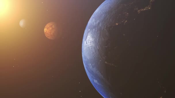 Animerade Sol System Planet Jord Och Starkt Ljus Från Solen — Stockvideo
