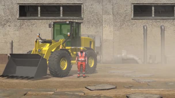 建設現場に立っているJcbと労働者のアニメーションビデオ 工事中のJcb機械公園砂嵐が醸造されています — ストック動画