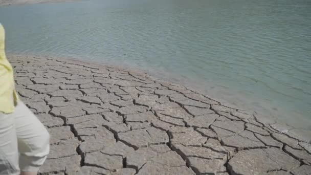 Medium Shot Girl Approaching Water Walking Dry Cracked Desert Landscape — Stock Video