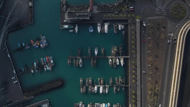 Aérien Descendant Vers Avant Dessus Des Bateaux Amarrés Port Tazacorte — Video