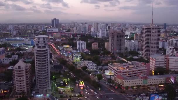 Letecký Panoramatický Výhled Centrum Města Santo Domingo Mrakodrapy Při Západu — Stock video