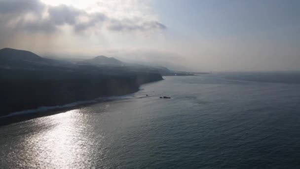 Aerial Forward Palma Coast Shrouded Smoke Volcano Canary Islands — Stock Video