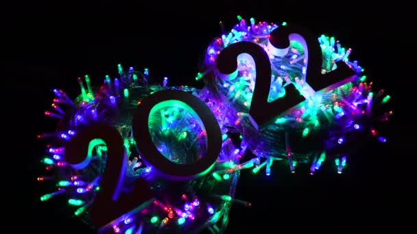 Gelukkig Nieuwjaar 2022 Getallen Decoratieve Kleurrijke Led Lichten Close — Stockvideo