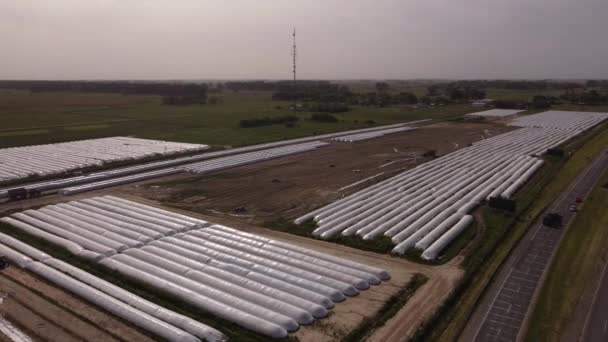 Vista Aérea Maquinaria Trabajo Terrenos Agrícolas Con Bolsas Silo Blanco — Vídeo de stock