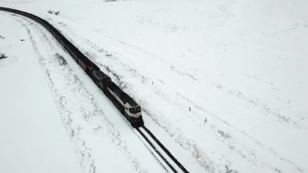 Güterzug Auf Der Eisenbahn Weißer Verschneiter Amerikanischer Winterlandschaft Luftaufnahme — Stockvideo