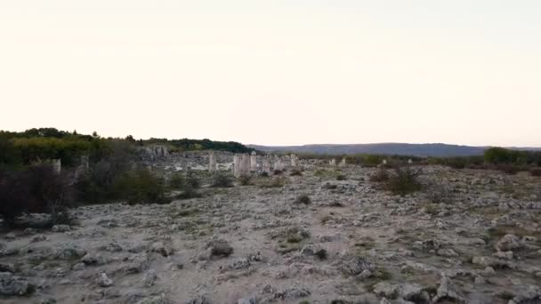 Vista Aérea Voando Direção Formações Rochosas Floresta Pedra Noite Ensolarada — Vídeo de Stock