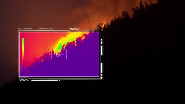 Termální dron analyzující žhnoucí červenou, noční lesní požár divoký požár - 3D animace