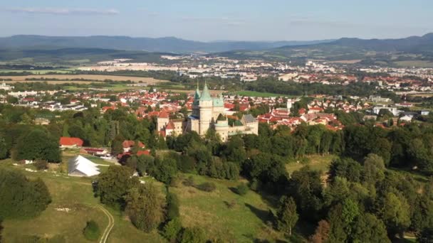 Largo Drone Disparado Descendo Uma Mosca Pelo Castelo Dos Espíritos — Vídeo de Stock