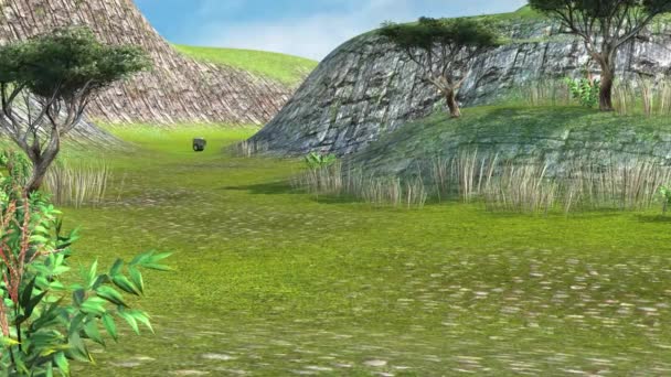在4K的绿树成荫的绿树成荫中 有一个2D的矢量形似3D动画 一个在草地上行走的电子设备 — 图库视频影像