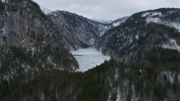 空中からの景色が前方に撮影され 背景には凍る湖トプリッツ シュティリア オーストリア 山脈と白い空の景色 — ストック動画