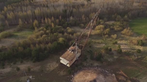 Heavy Equipment Giant Walking Excavator Standing Excavated Quarry Aerial Poi — Stock Video
