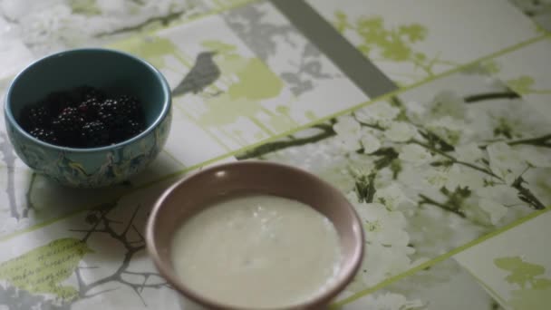 Someone Puts Blackberries Two Bowls Semolina Porridge — Stock Video