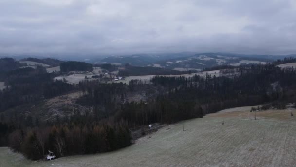 在大雪开始的时候 掠过树木上的风景和周围村庄的景色 — 图库视频影像