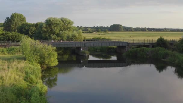 広大な草原を渡る川を渡る鉄橋の空中風景 — ストック動画