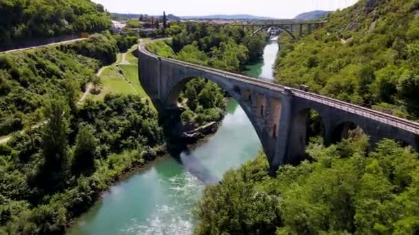 Словения Solkan Bridge Aerial Drone Mp4 — стоковое видео