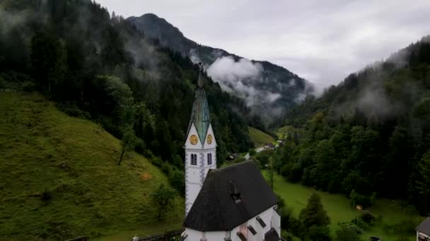 霧の松の森に囲まれたスロベニアの小さな町空中ドローン4 Mp4 — ストック動画