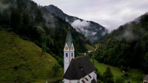 Slovenien Liten Stad Omgiven Misty Pine Forest Bergen Antenn Drönare — Stockvideo