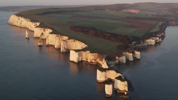 Gamla Harry Rocks Klippor Dorset Kust England Flygbakslag — Stockvideo