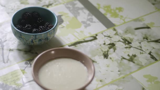 Hands Put Blackberries Two Bowls Semolina Porridge — Stock Video