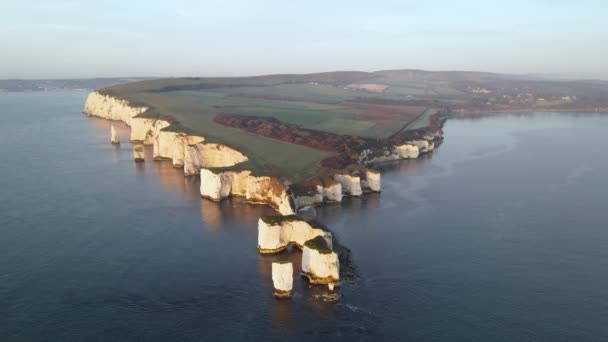 Old Harry Rocks Cliffs Green English Countryside Dorset Aerial Forward — Stock Video